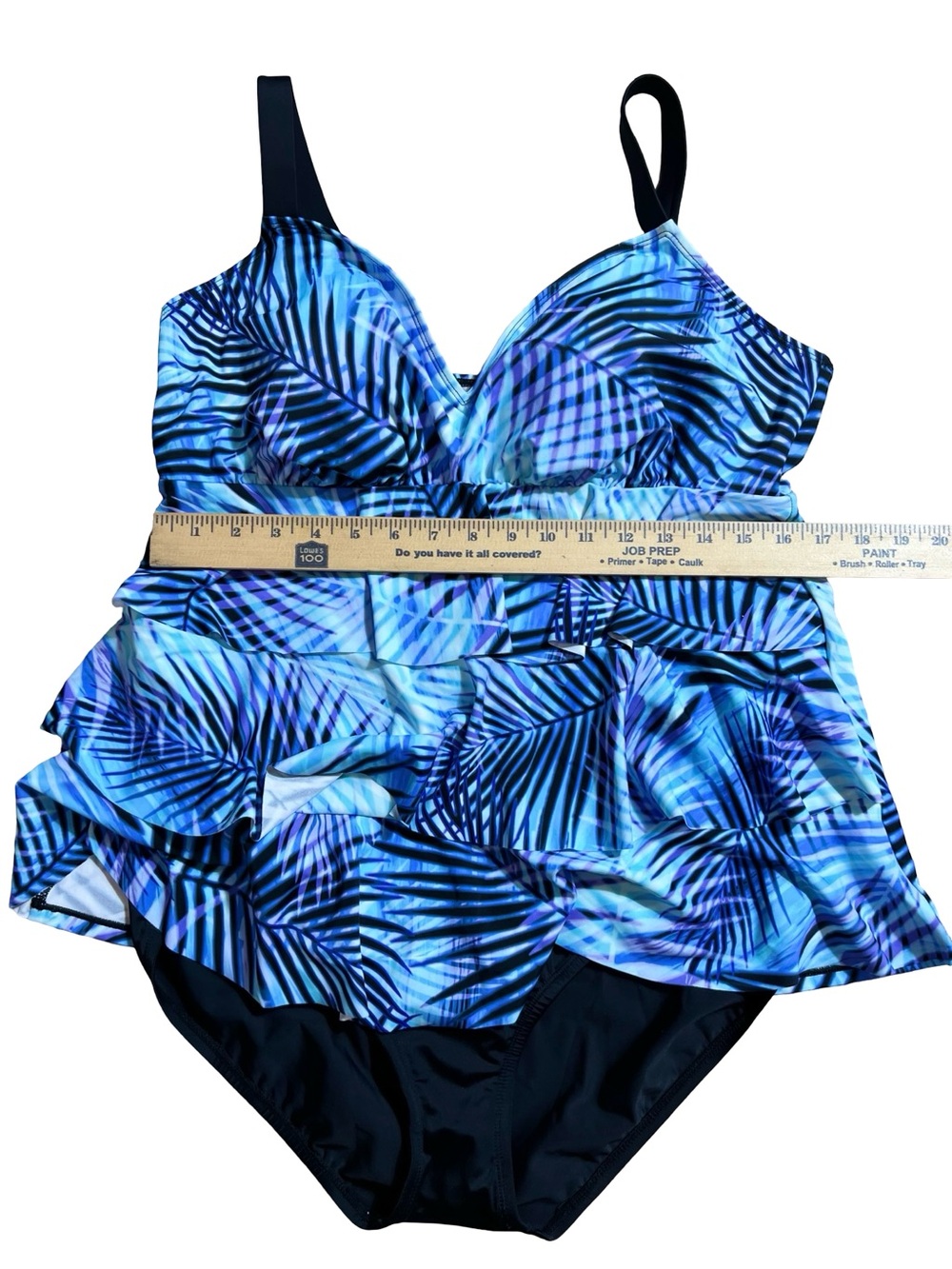 Swim Solutions women’s Triple Tier One Piece Swimsuit Blue Palm Print Size 18 - Picture 4 of 12